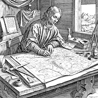 AI-generated drawing of a medieval cartographer at work (Google Gemini).