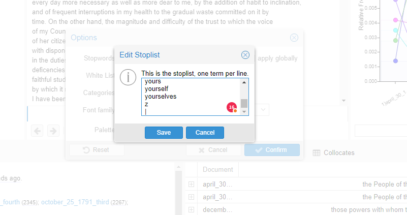 Screenshot of the process in Voyant Tools for removing stop words from the word cloud. The edited stop word list is being saved to apply the changes across the corpus analysis.