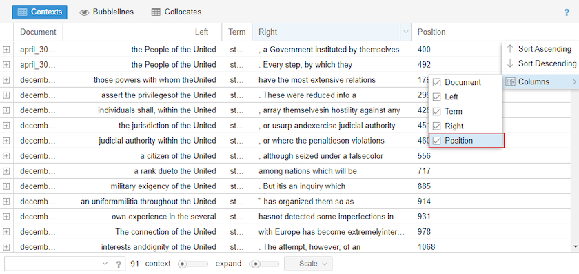 Concordance window in Voyant Tools with an option highlighted to add a 'Position' column. This column shows the exact location of each keyword within the document.