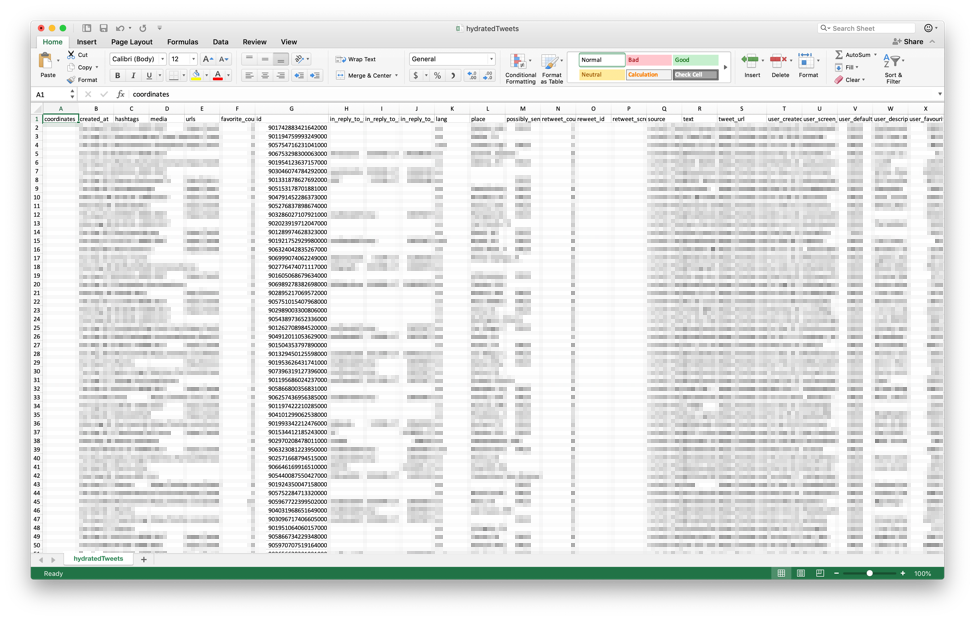 The hydrated dataset, blurred here for privacy reasons.