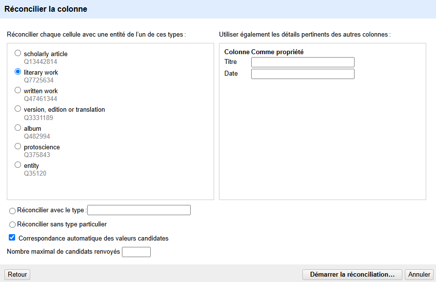 Les différentes options pour calibrer la réconciliation.