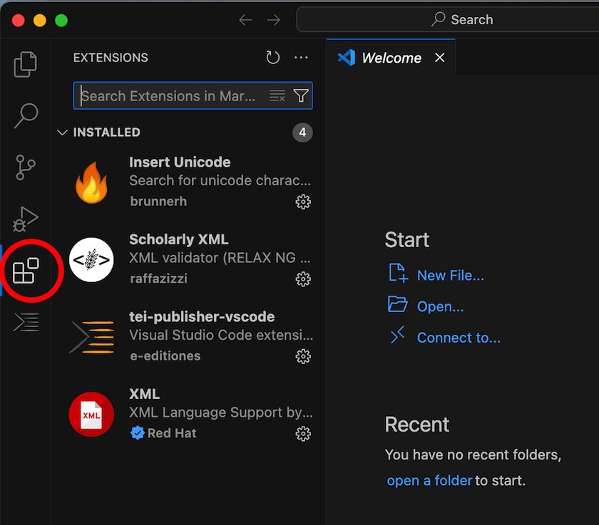 Side panel of VS Code with button for extensions higlighted