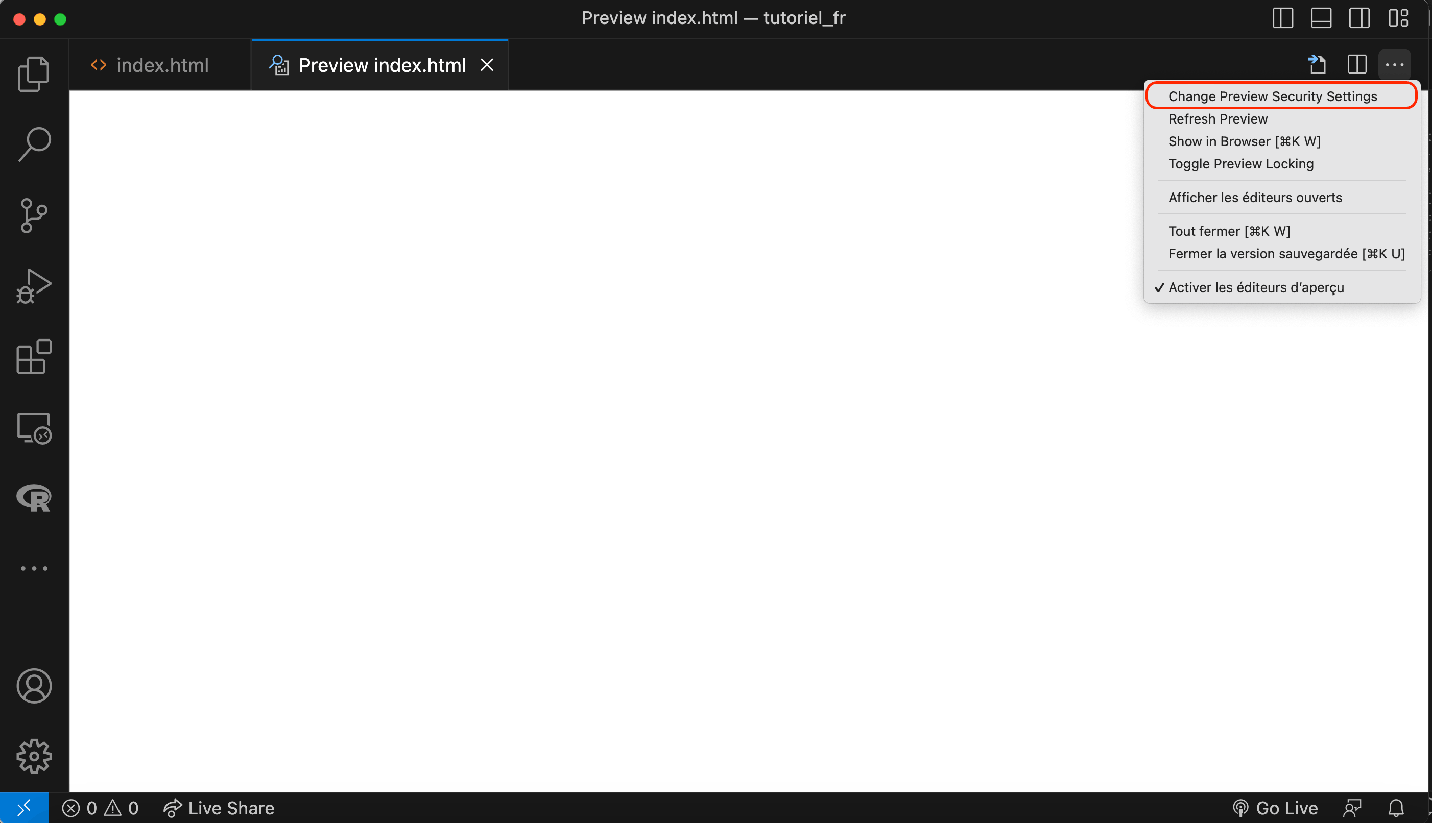 Capture d'écran qui montre comment trouver l'option pour changer les paramètres de sécurité de l'extension `HTML Preview` en cliquant sur le bouton 'Plus d'actions...' situé à droite.