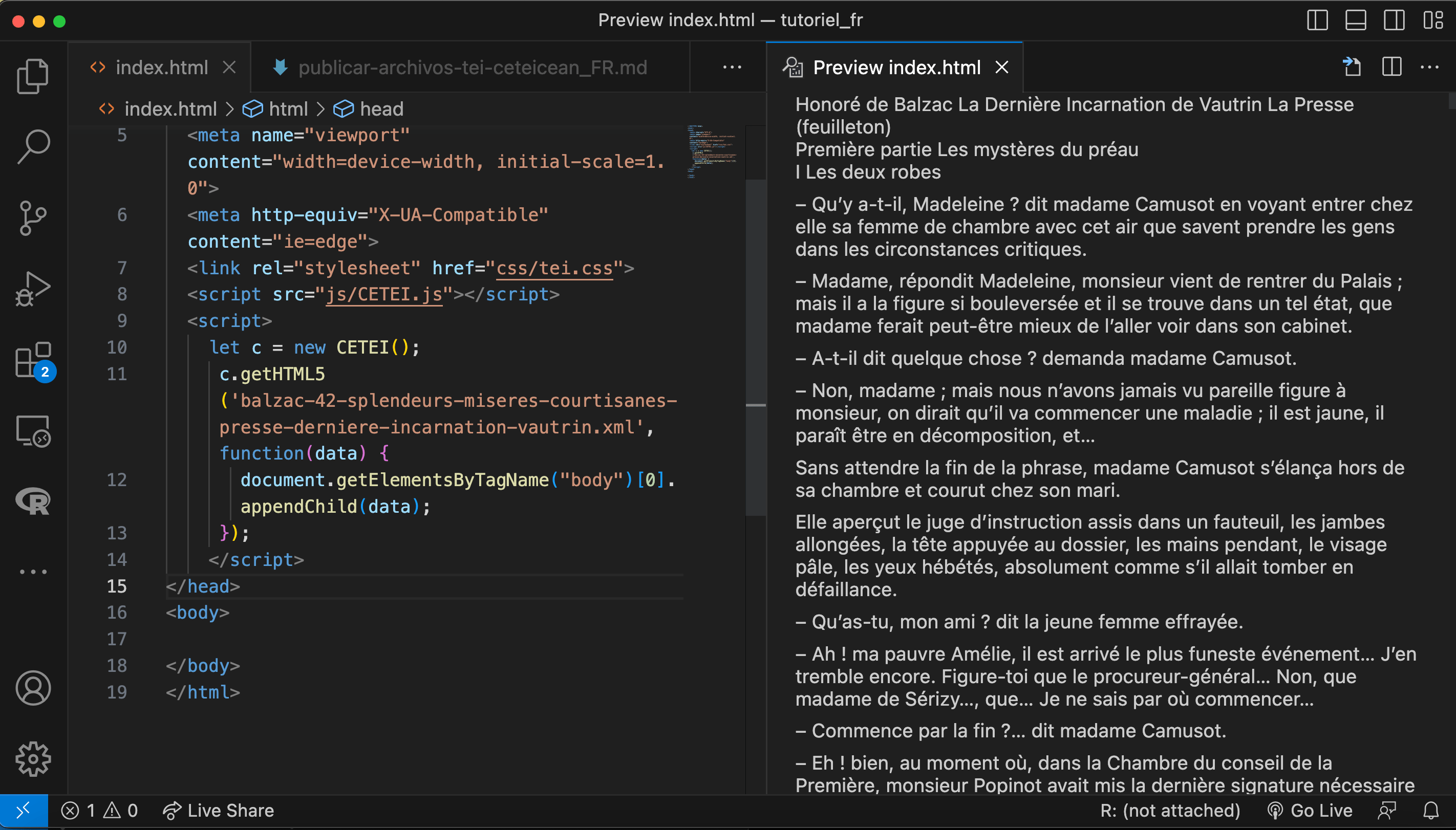 Capture d'écran montrant une première prévisualisation de notre fichier TEI avec CETEIcean. Le fichier HTML et la prévisualisation apparaissent côte à côte&nbsp;: le fichier HTML à gauche et la prévisualisation à droite.