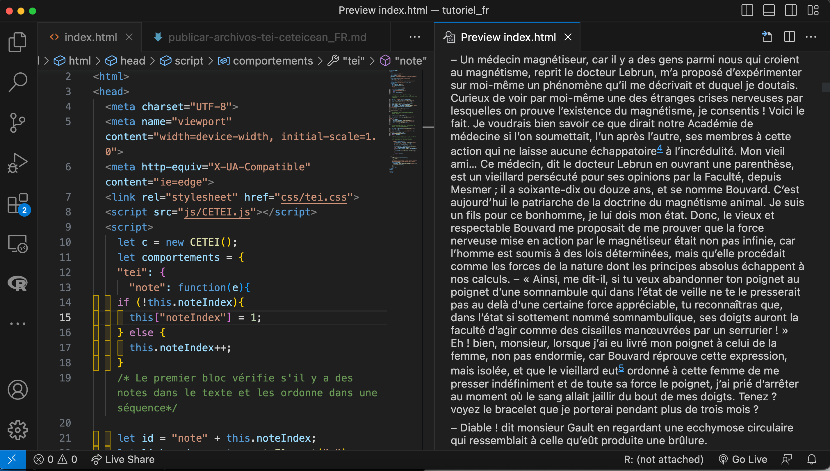 Capture d'écran qui montre le fichier HTML sur le côté gauche et la prévisualisation de notre fichier TEI avec les numéros des notes sous forme de lien hypertexte sur le côté droit.