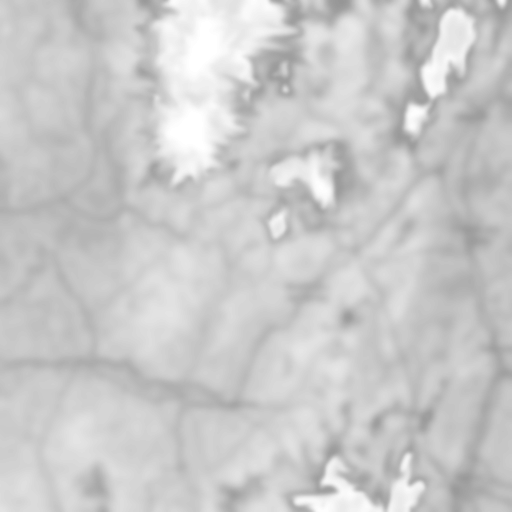 The topographic map of Mont Beuvray and the surrounding area exported as a perfect 512x512 square, grayscale .png file. It has modest differences in shade between areas of lower elevation and areas of higher elevation, with relatively lower elevation shown in darker gray and releatively higher elevation shown in lighter gray (and the mountains' peaks near white).
