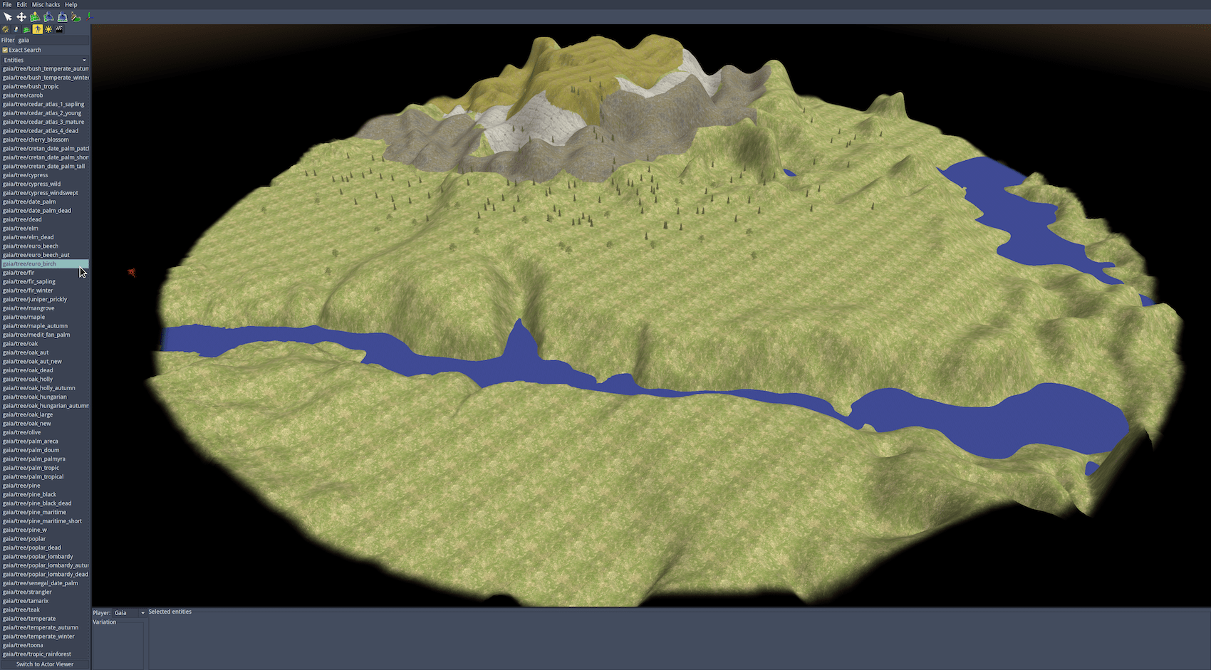 Adding trees to the terrain around the mountain bases by selecting regionally appropriate trees via the Object tool. Specifically, I have selected gaia/tree/euro_birch to place the birch trees that are native to central France.