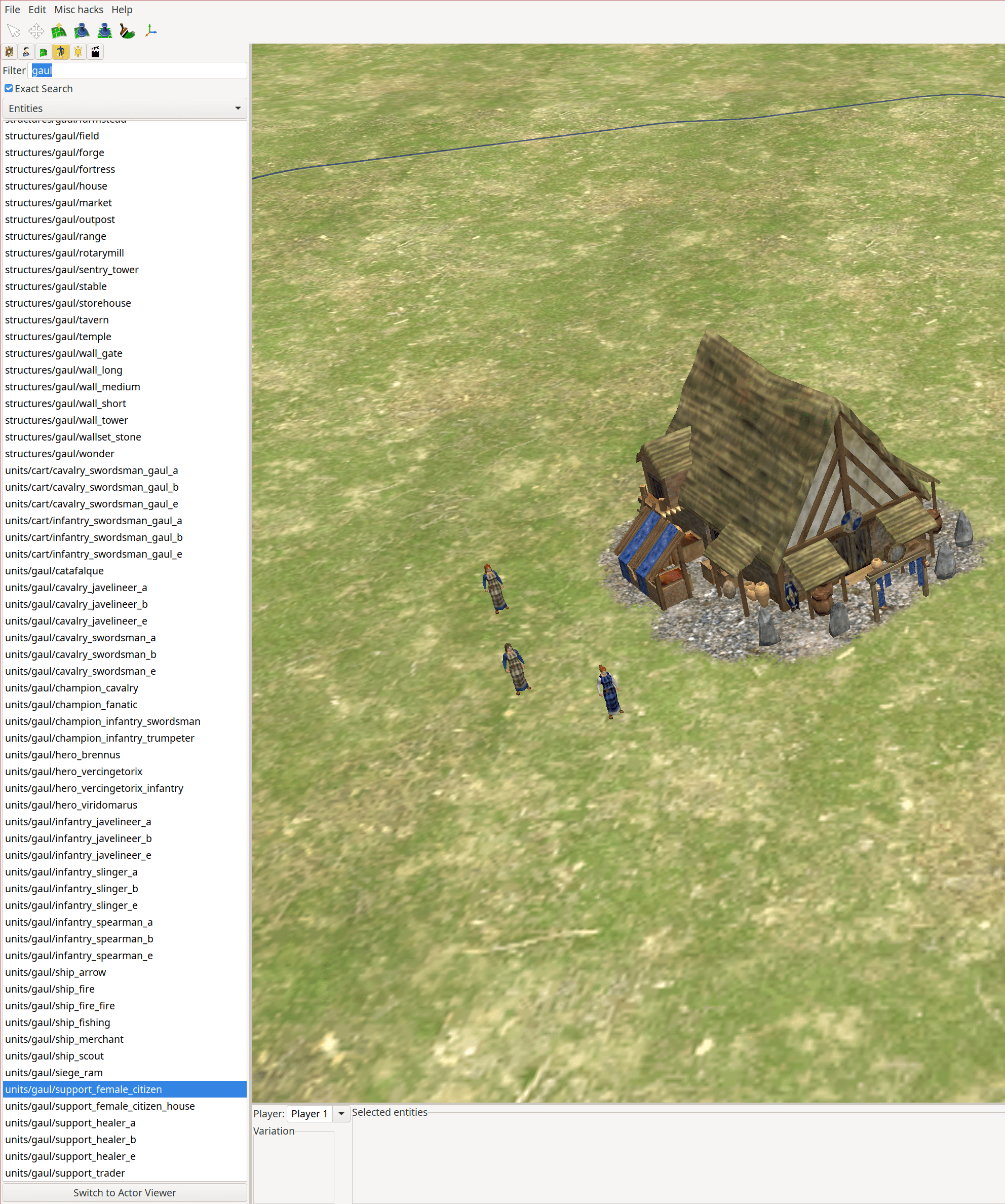 Planting the sample Player 1's first resources, namely, a civic center and a few female citizens.